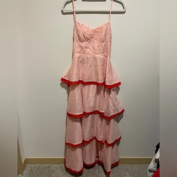 Hello Molly Blush Pink Tiered Maxi Dress with Red Lace - Picture 13 of 15
